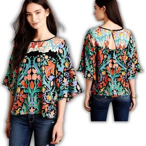 Anthropologie Maeve Sz 4 S Folk Art‎ Silk Scandi Eclectic Kimono Oversized Flare